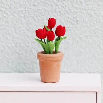 1:12 Lutke Miniaturni Rdeči Tulipani Lončnica Pot Za Simulacijo Cvet Model Doma Vrt Dekor Igrača, Lutka Hiša Dodatki