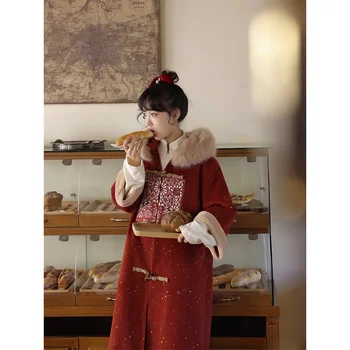 2 Barvi Tradicionalni Kitajski Slog Hanfu Haljo Nastavite Rdeča, Bež Gumb Majica Plesti Dolgo Haljo Rjava Konja Obraz Krilo Ženske Zimske Obleko
