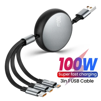 3in1 Zložljive 6A 100W USB Kabel za iPhone 14 13 12 Pro Max USB Na 8-pinski/Tip C/Mikro Hitro Polnjenje Kable za Huawei Podatkovni Kabel