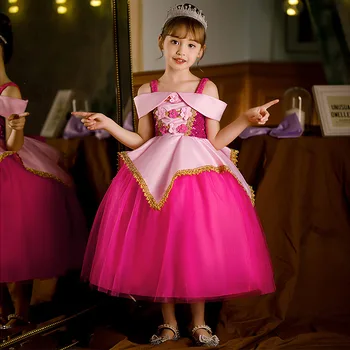 Dekle Obleko trnuljčica Princesa Aurora Obleko Dekle Roza Shaggy Očesa Dolgo Obleko Večerno Obleko