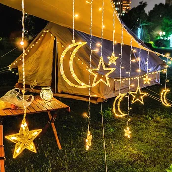 Eid Mubarak Zvezda, Luna Niz Led Luči Ramadana Okraski za Dom Vila garland Poroko, Rojstni dan Zavese Lučka Dekor