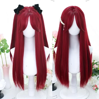 HOUYAN sintetičnih Rdeče dolge ravne lase, ženska lasulja šiška lasuljo cosplay Lolita toplotno odporen lasuljo