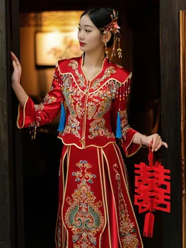 Lepe Proti-Vrat Vezenje Nekaj Poročno Obleko Tradicionalni Orientalski Kitajski Zveze Toast Cheongsam Vestidos