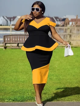Mozaik Barve Blok Obleko za Ženske Peplum Kratek Rokav Proti Vratu Midi Obleke 2023 Elegantno Afriške Poletje Urad Dame Moda