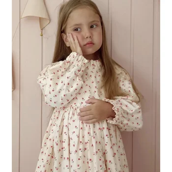 Otroci Oblečeni za Dekleta 2023 Jeseni Novi Tiskani Bombaž Dolg Rokav Priložnostne Cvet Baby Dekleta Obleke