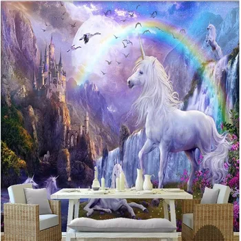 Ozadje po meri 3d rainbow unicorn steni gradu papir foto okras slikarstvo samolepilne olajšave material 3d ozadje, freska