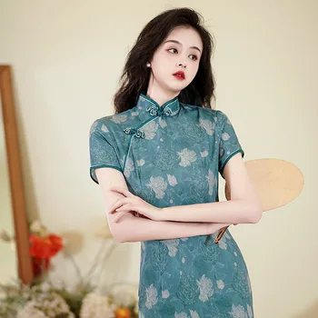 Poletje 2023 Modra Srednje Cheongsam Moda Letnik Elegantno Banket Stranka Qipao Kitajski Tradicionalni Slog Večerno Obleko za Ženske