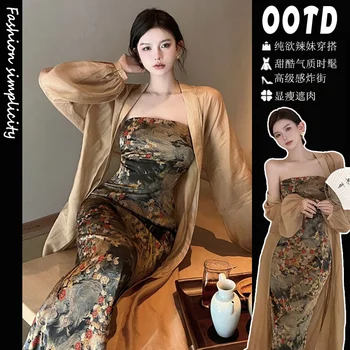 Retro Kitajski Hanfu Maščobe Mm Imperial Sestra Modrc Razdrobljena Cvet Obleka za Ženske Dolga Obleka Ultra Dolgo Slog Elegance