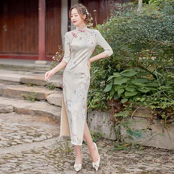 Vintage Eleganten Modni Qipao Kitajski Slog Gumb Strani Odpreti Slim Fit Dolgo Cheongsam Saten Seksi Tradicionalnih Retro Obleko