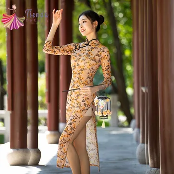 Ženske Klasične Plesne Telo Rima Oblačila Kitajski Folk Dance Kostum Morden Cheongsam Cvetlični Gaza Obleko Elegantno Dolgo Hanfu 2XL